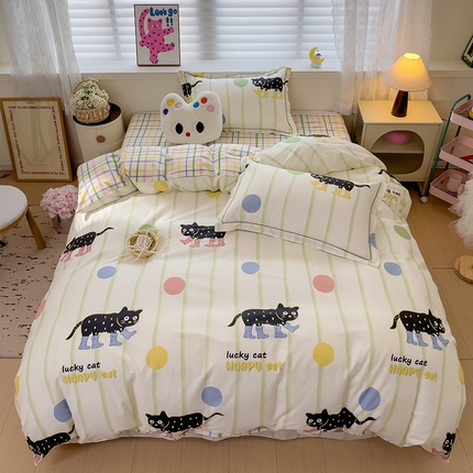 91家纺网 家纺一手货源 找家纺 乐童 2024新款直播爆款13070纯棉印花吊边款一字绣四件套-第七波 慵懒小猫