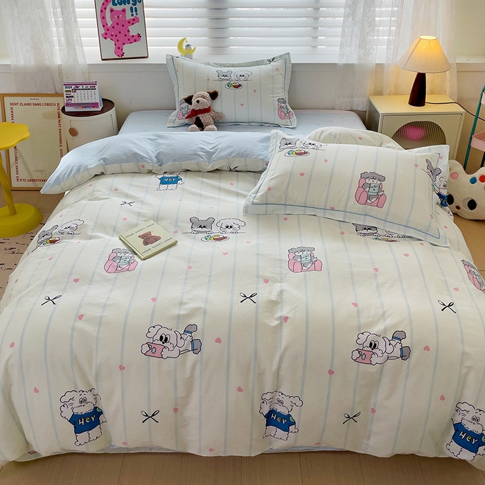 91家纺网 家纺一手货源 找家纺 乐童 2024新款直播爆款13070纯棉印花吊边款一字绣四件套-第七波 可爱小狗