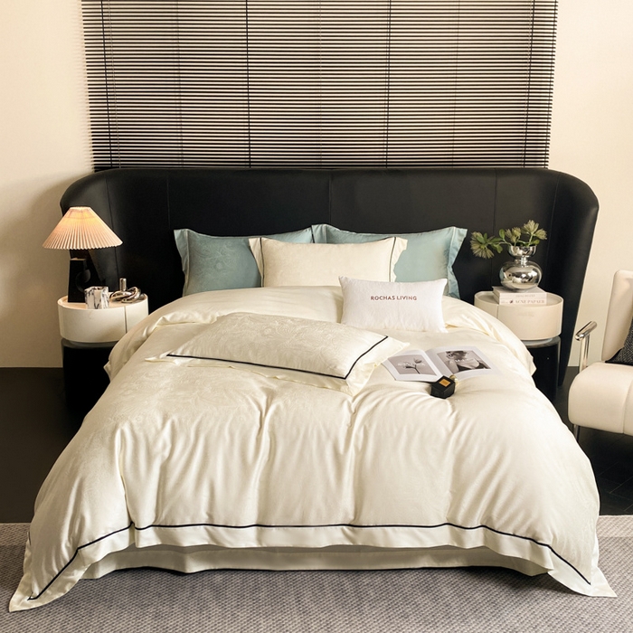 91家纺网 家纺一手货源 找家纺 魅都 2025新款天丝棉提花热带雨林四件套 奶油白