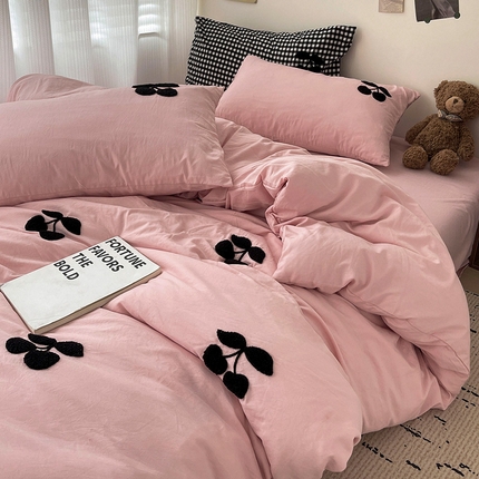 尤米 2024新款可爱樱桃系列水洗棉毛巾绣单被套 樱桃-梅子粉
