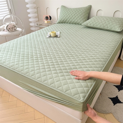 91家纺网 家纺一手货源 找家纺 糯米猪家纺 2024新款全棉水洗棉大豆夹棉床笠 香草绿