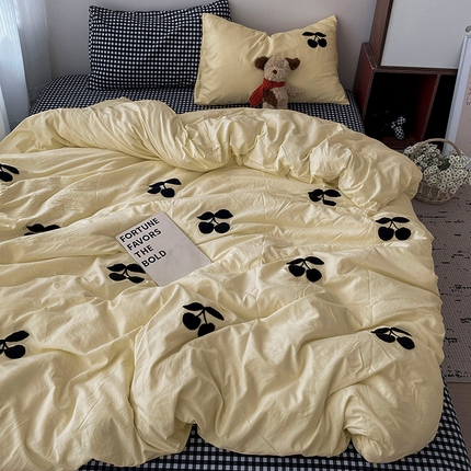 尤米 2024新款可爱樱桃系列水洗棉毛巾绣四件套 樱桃-黄格