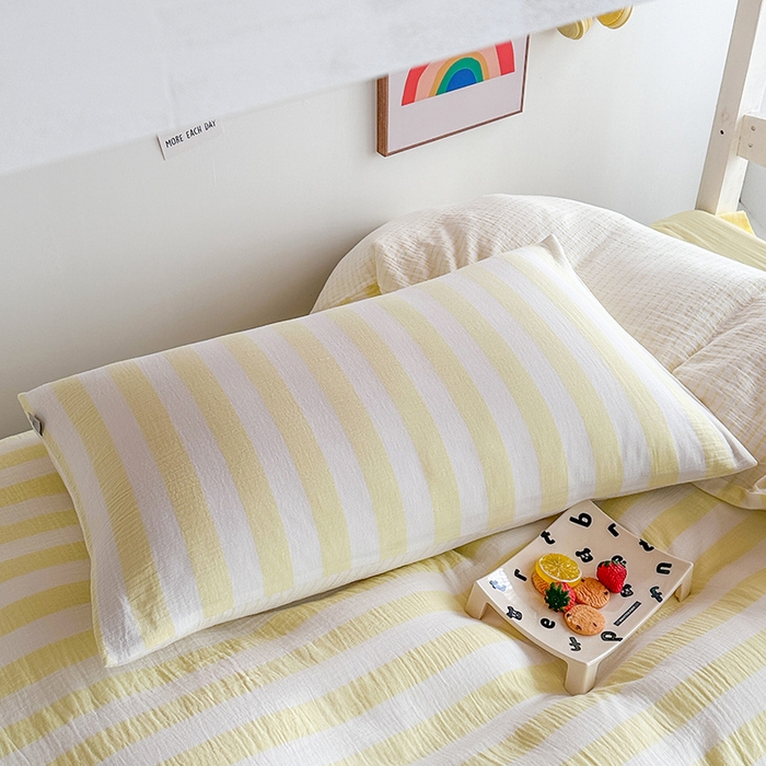 91家纺网 家纺一手货源 找家纺 玛奇朵 2024新款A类母婴级全棉双层皱皱纱学生宿舍三件套床品套件 韩系条纹-奶黄