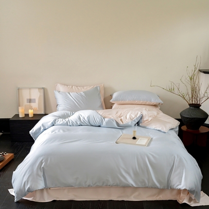 时光里 2024新款天丝棉四件套 纯净蓝拼奶杏粉