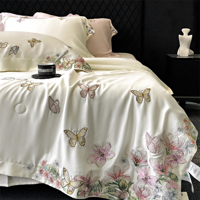 91家纺网 家纺一手货源 找家纺 馨蕊家居 2024新款80s兰精天丝刺绣夏被四件套-蝶舞花间 蝶舞花间-元气白桃