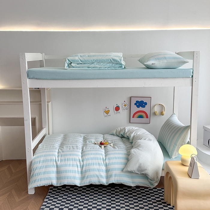 91家纺网 家纺一手货源 找家纺 玛奇朵 2024新款A类母婴级全棉双层皱皱纱学生宿舍三件套床品套件 韩系条纹-蔚蓝