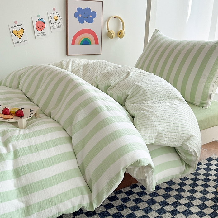 91家纺网 家纺一手货源 找家纺 玛奇朵 2024新款A类母婴级全棉双层皱皱纱学生宿舍三件套床品套件 韩系条纹-青柠绿