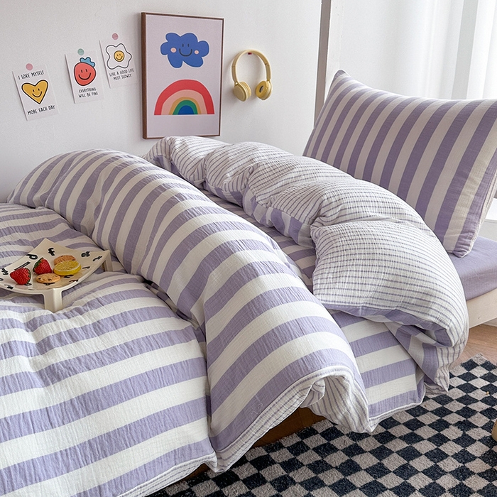 91家纺网 家纺一手货源 找家纺 玛奇朵 2024新款A类母婴级全棉双层皱皱纱学生宿舍三件套床品套件 韩系条纹-莫奈紫
