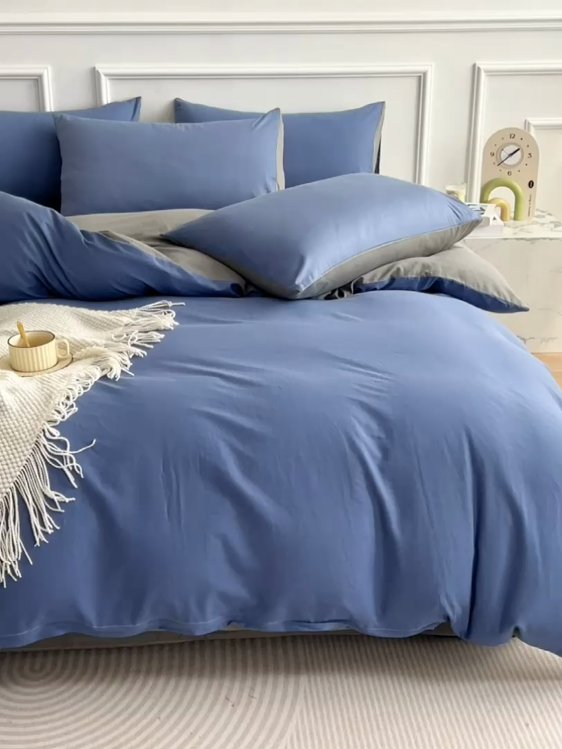 91家纺网 家纺一手货源 找家纺 多品家纺 2024新款日式无印风纯色双拼全棉单被套 卡布里蓝