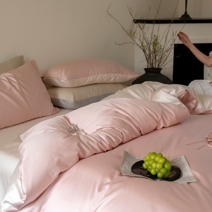 91家纺网 家纺一手货源 找家纺 时光里 2024新款天丝棉四件套 活力粉拼奶杏粉