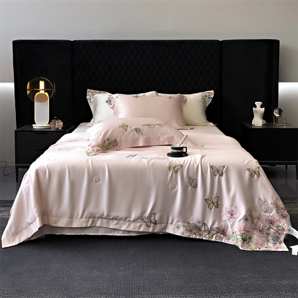 馨蕊家居 2024新款80s兰精天丝刺绣夏被四件套-蝶舞花间 蝶舞花间-蔷薇粉