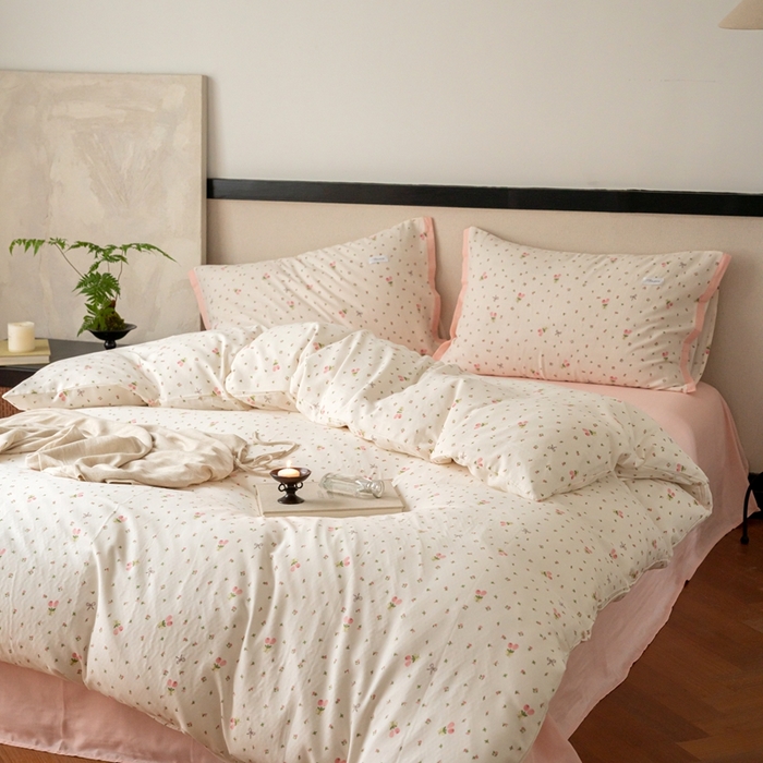 91家纺网 家纺一手货源 找家纺 时光里 2024新款A类全棉双层纱四件套 清新花语