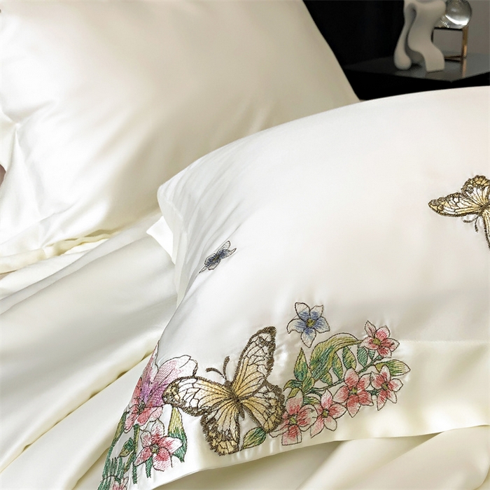 91家纺网 家纺一手货源 找家纺 馨蕊家居 2024新款80s兰精天丝刺绣夏被四件套-蝶舞花间 蝶舞花间-元气白桃