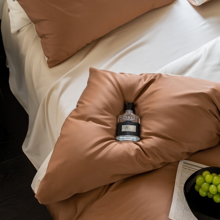 91家纺网 家纺一手货源 找家纺 时光里 2024新款天丝棉四件套 拿铁棕拼燕麦奶