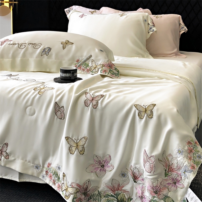 91家纺网 家纺一手货源 找家纺 馨蕊家居 2024新款80s兰精天丝刺绣夏被四件套-蝶舞花间 蝶舞花间-元气白桃
