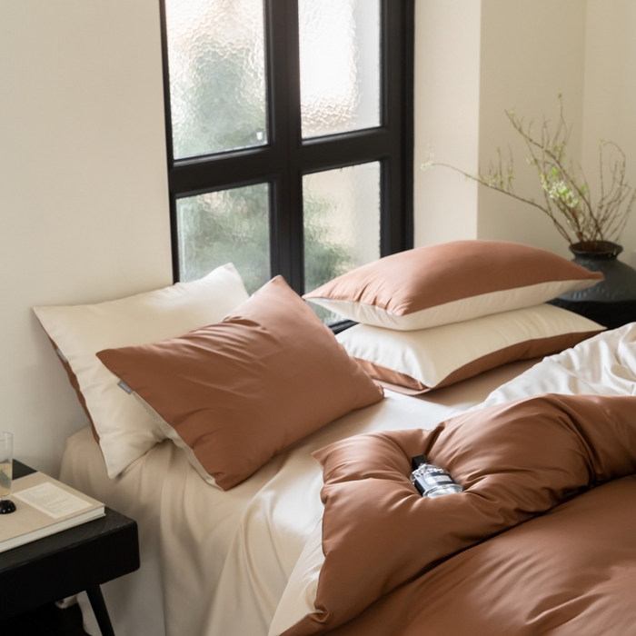 91家纺网 家纺一手货源 找家纺 时光里 2024新款天丝棉四件套 拿铁棕拼燕麦奶