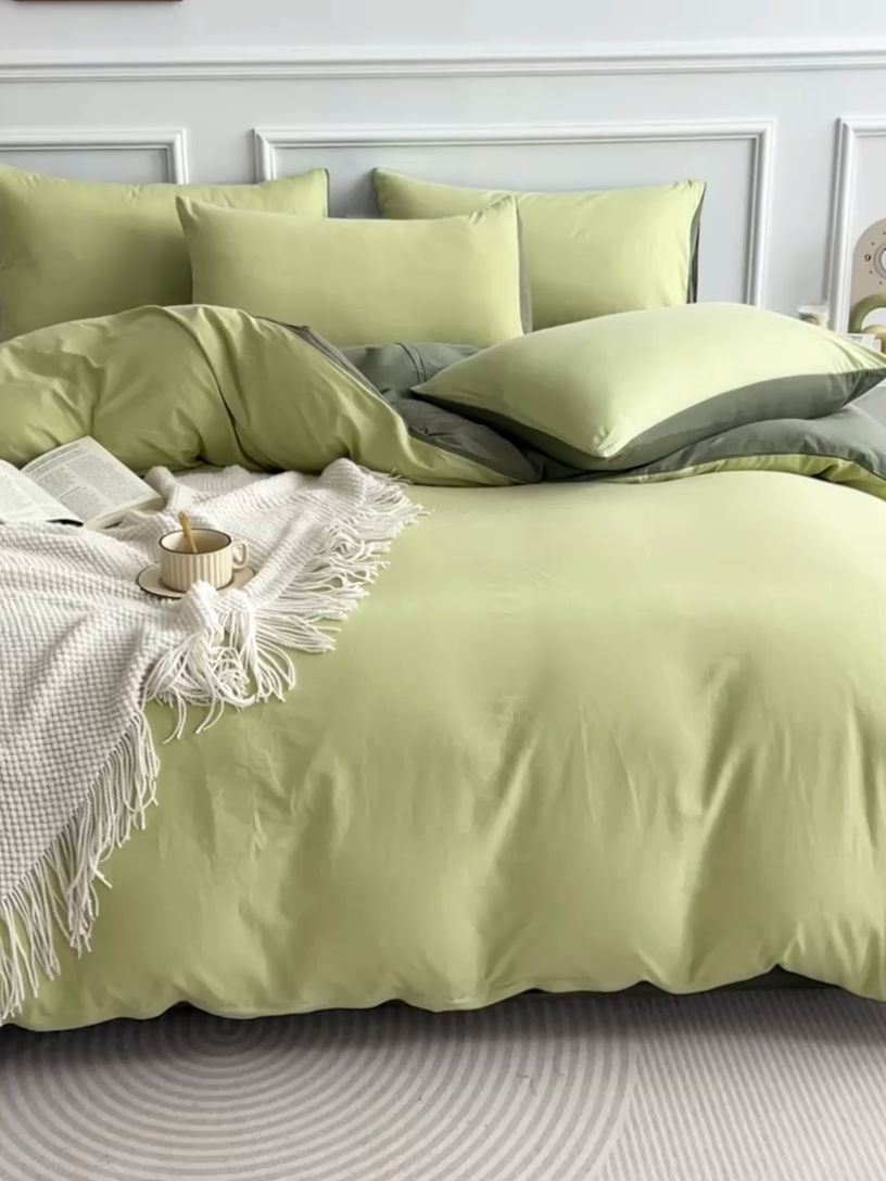 91家纺网 家纺一手货源 找家纺 多品家纺 2024新款日式无印风纯色双拼全棉单被套 竹纱绿