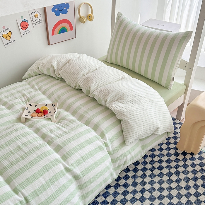 91家纺网 家纺一手货源 找家纺 玛奇朵 2024新款A类母婴级全棉双层皱皱纱学生宿舍三件套床品套件 韩系条纹-青柠绿
