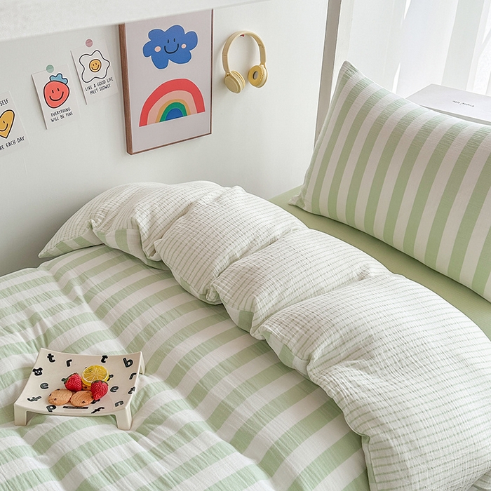 91家纺网 家纺一手货源 找家纺 玛奇朵 2024新款A类母婴级全棉双层皱皱纱学生宿舍三件套床品套件 韩系条纹-青柠绿
