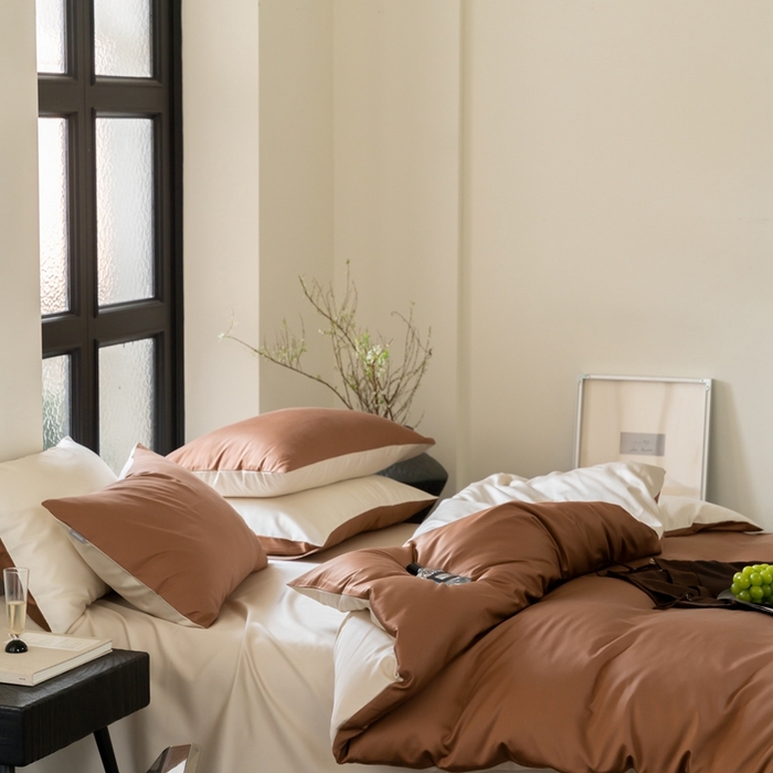 91家纺网 家纺一手货源 找家纺 时光里 2024新款天丝棉四件套 拿铁棕拼燕麦奶