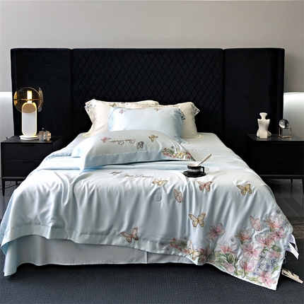 馨蕊家居 2024新款80s兰精天丝刺绣夏被四件套-蝶舞花间 蝶舞花间-北卡蓝