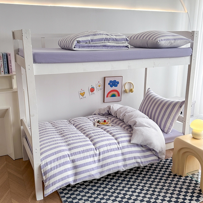 91家纺网 家纺一手货源 找家纺 玛奇朵 2024新款A类母婴级全棉双层皱皱纱学生宿舍三件套床品套件 韩系条纹-莫奈紫