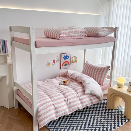 玛奇朵 2024新款A类母婴级全棉双层皱皱纱学生宿舍三件套床品套件 韩系条纹-雅粉