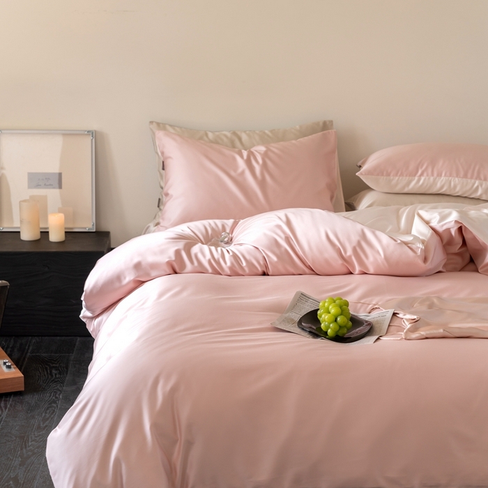 91家纺网 家纺一手货源 找家纺 时光里 2024新款天丝棉四件套 活力粉拼奶杏粉