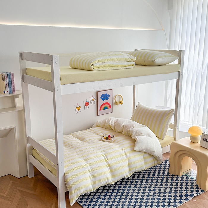 91家纺网 家纺一手货源 找家纺 玛奇朵 2024新款A类母婴级全棉双层皱皱纱学生宿舍三件套床品套件 韩系条纹-奶黄