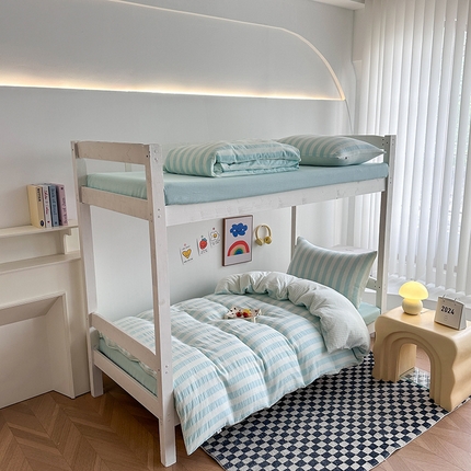 玛奇朵 2024新款A类母婴级全棉双层皱皱纱学生宿舍三件套床品套件 韩系条纹-蔚蓝