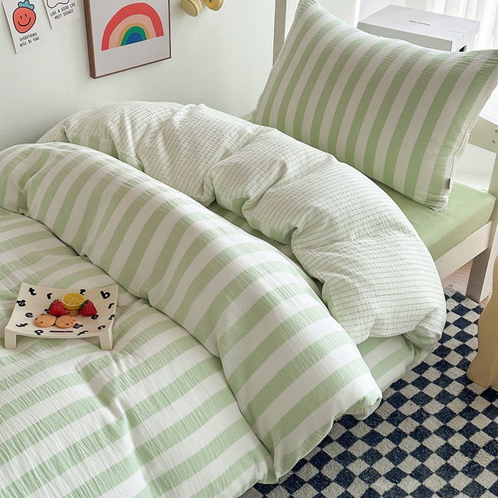 91家纺网 家纺一手货源 找家纺 玛奇朵 2024新款A类母婴级全棉双层皱皱纱学生宿舍三件套床品套件 韩系条纹-青柠绿