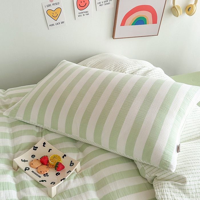 91家纺网 家纺一手货源 找家纺 玛奇朵 2024新款A类母婴级全棉双层皱皱纱学生宿舍三件套床品套件 韩系条纹-青柠绿