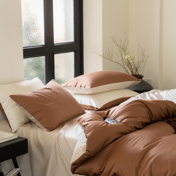 91家纺网 家纺一手货源 找家纺 时光里 2024新款天丝棉四件套 拿铁棕拼燕麦奶