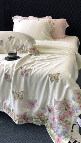 91家纺网 家纺一手货源 找家纺 馨蕊家居 2024新款80s兰精天丝刺绣夏被四件套-蝶舞花间 蝶舞花间-元气白桃