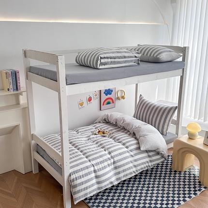 玛奇朵 2024新款A类母婴级全棉双层皱皱纱学生宿舍三件套床品套件 韩系条纹-月灰