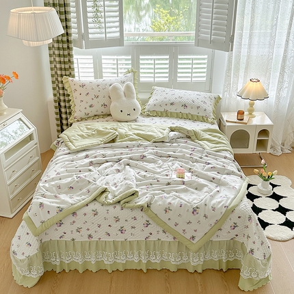 91家纺网 家纺一手货源 找家纺 （总）富瑞阁 2024新款A类水洗棉麻法式花边款夏被床盖四件套