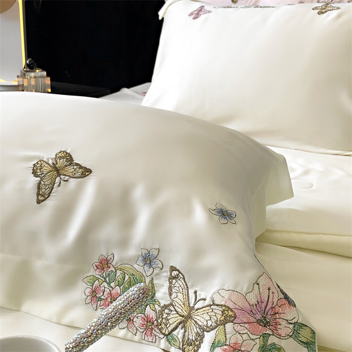 91家纺网 家纺一手货源 找家纺 馨蕊家居 2024新款80s兰精天丝刺绣夏被四件套-蝶舞花间 蝶舞花间-元气白桃