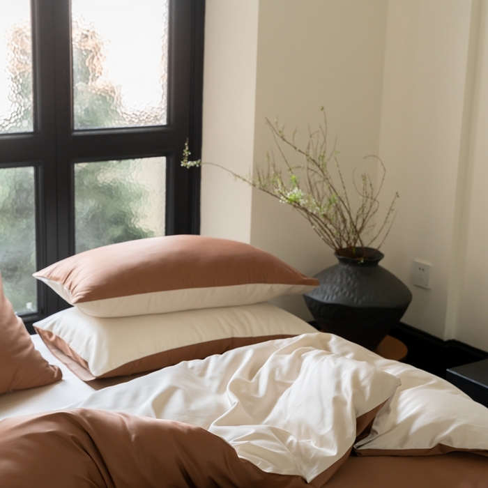 91家纺网 家纺一手货源 找家纺 时光里 2024新款天丝棉四件套 拿铁棕拼燕麦奶