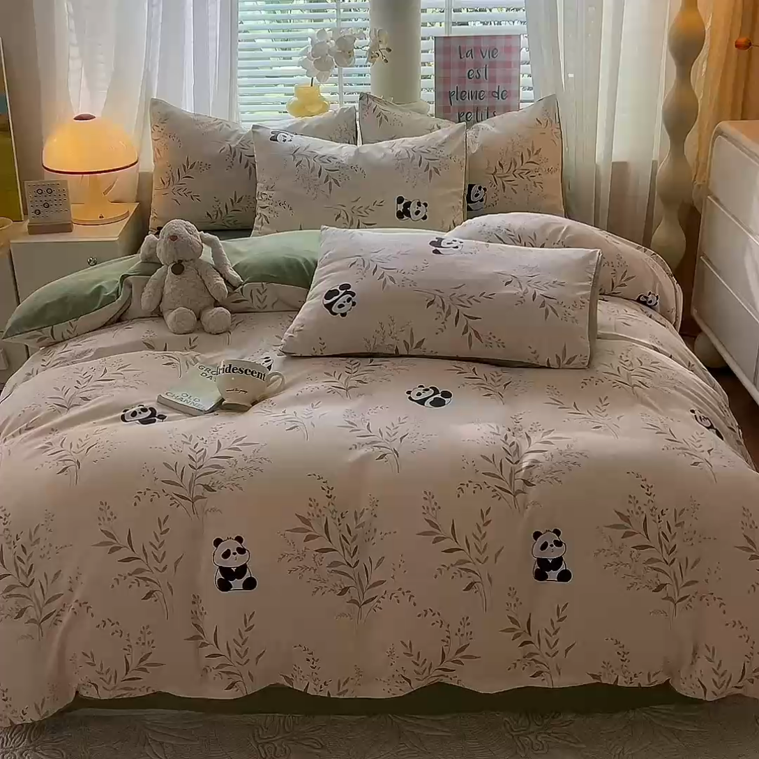 91家纺网 家纺一手货源 找家纺 多品家纺 2024新款水洗棉麻单被套 熊猫家园