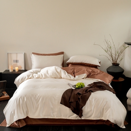 91家纺网 家纺一手货源 找家纺 时光里 2024新款天丝棉四件套 乳白拼拿铁棕