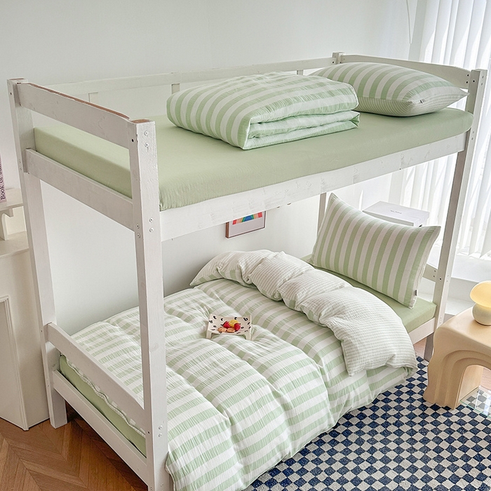 91家纺网 家纺一手货源 找家纺 玛奇朵 2024新款A类母婴级全棉双层皱皱纱学生宿舍三件套床品套件 韩系条纹-青柠绿