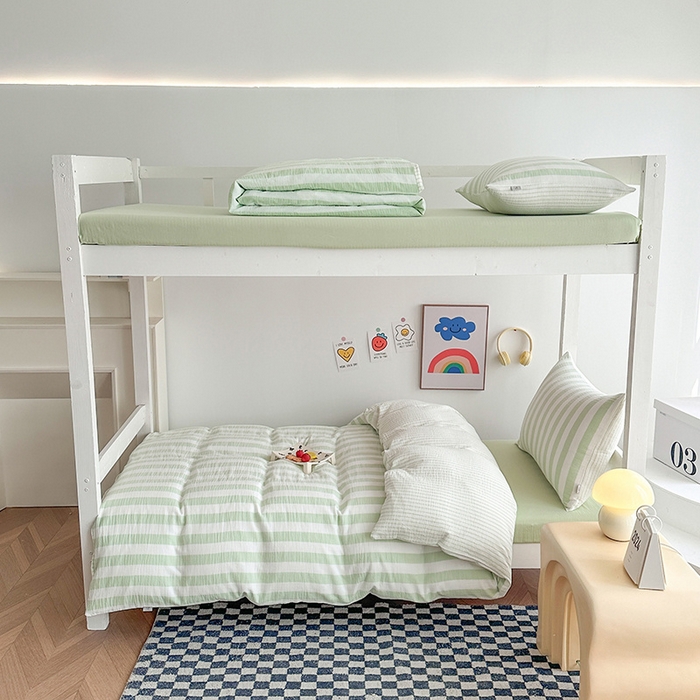 91家纺网 家纺一手货源 找家纺 玛奇朵 2024新款A类母婴级全棉双层皱皱纱学生宿舍三件套床品套件 韩系条纹-青柠绿