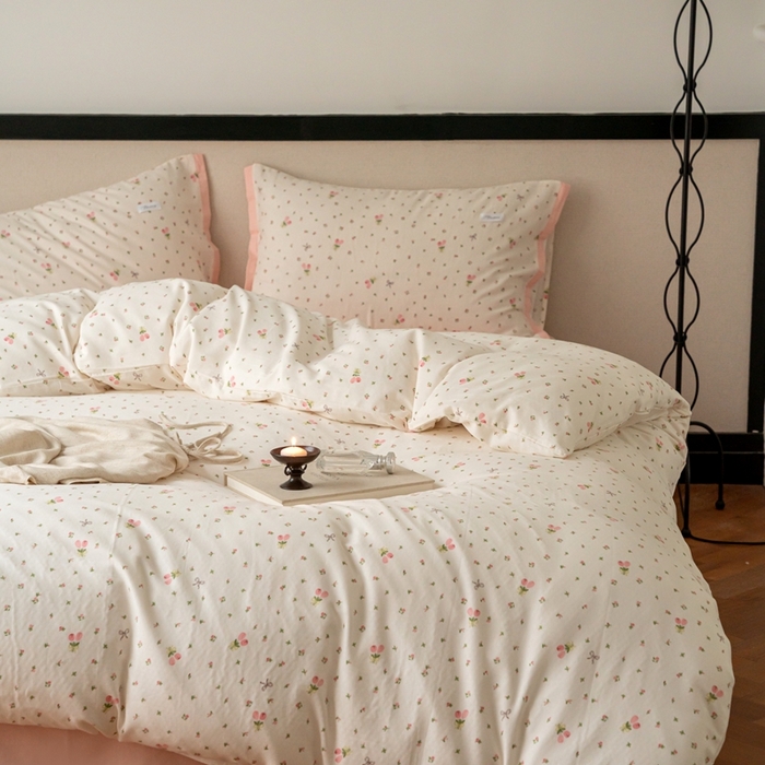 91家纺网 家纺一手货源 找家纺 时光里 2024新款A类全棉双层纱四件套 清新花语