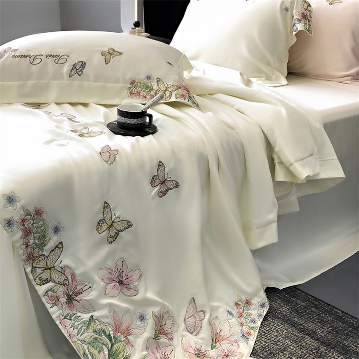 91家纺网 家纺一手货源 找家纺 馨蕊家居 2024新款80s兰精天丝刺绣夏被四件套-蝶舞花间 蝶舞花间-元气白桃