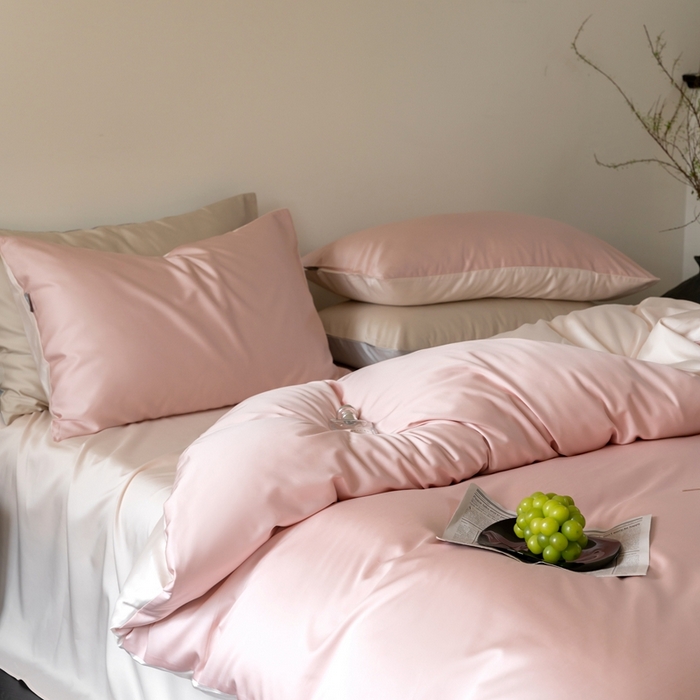 91家纺网 家纺一手货源 找家纺 时光里 2024新款天丝棉四件套 活力粉拼奶杏粉