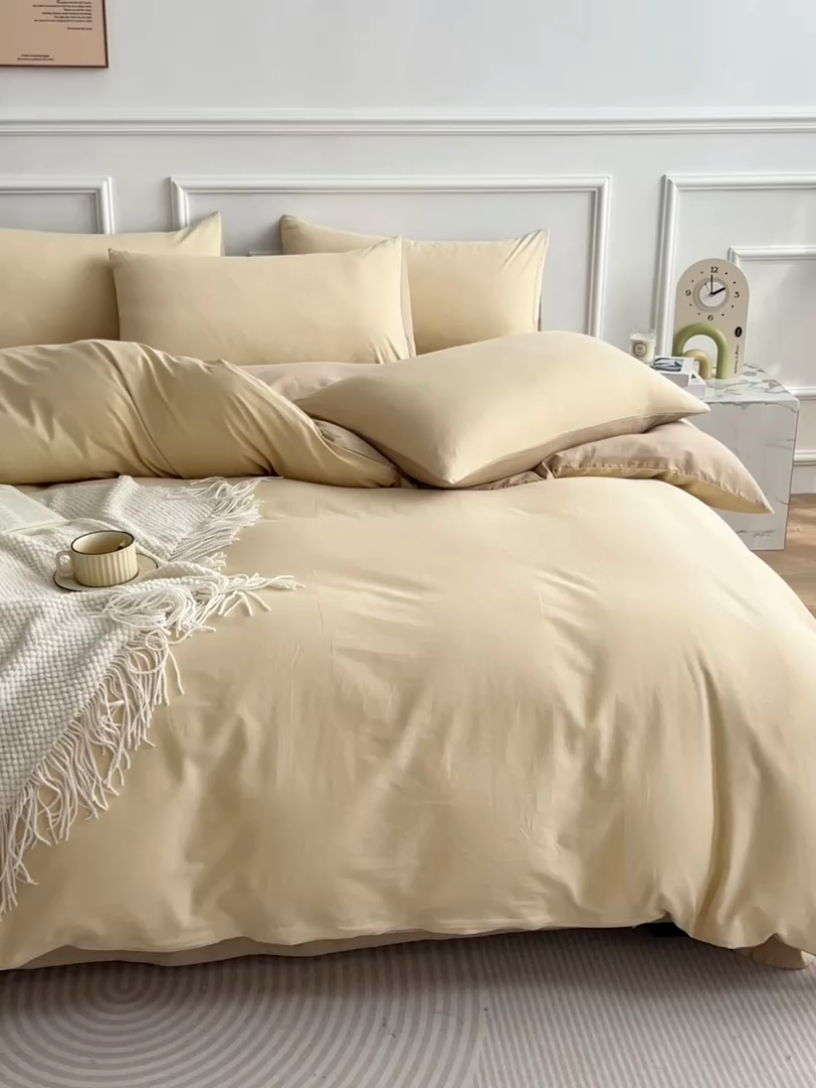 91家纺网 家纺一手货源 找家纺 多品家纺 2024新款日式无印风纯色双拼全棉单被套 香槟玉