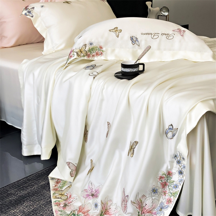 91家纺网 家纺一手货源 找家纺 馨蕊家居 2024新款80s兰精天丝刺绣夏被四件套-蝶舞花间 蝶舞花间-元气白桃