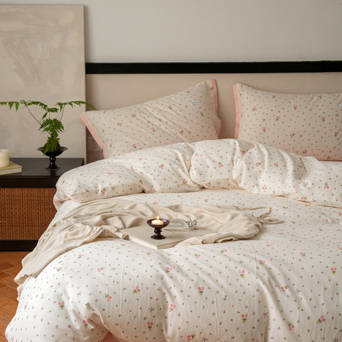 91家纺网 家纺一手货源 找家纺 时光里 2024新款A类全棉双层纱四件套 清新花语