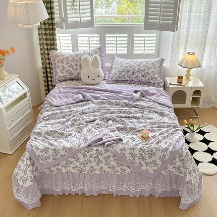 91家纺网 家纺一手货源 找家纺 （总）富瑞阁 2024新款A类水洗棉麻法式花边款夏被床盖四件套