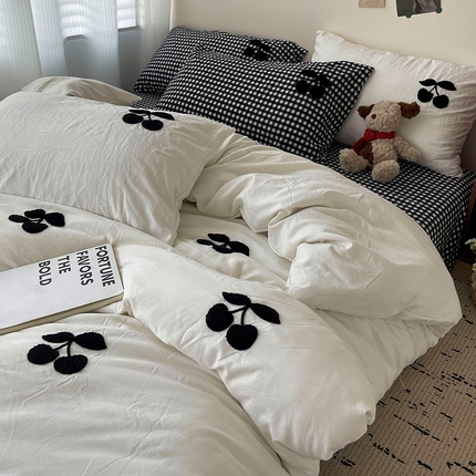 尤米 2024新款可爱樱桃系列水洗棉毛巾绣单被套 樱桃-白格